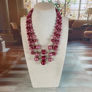 0085 Vintage 60s Triple Strand Pink and Clear Bead Japanese Acrylic Necklace EUC